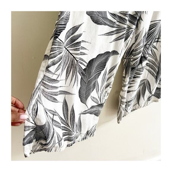 Tahari Palm Print Tropical Cropped Wide Leg 100% Linen Pants XL Black Ivory - Picture 8 of 9